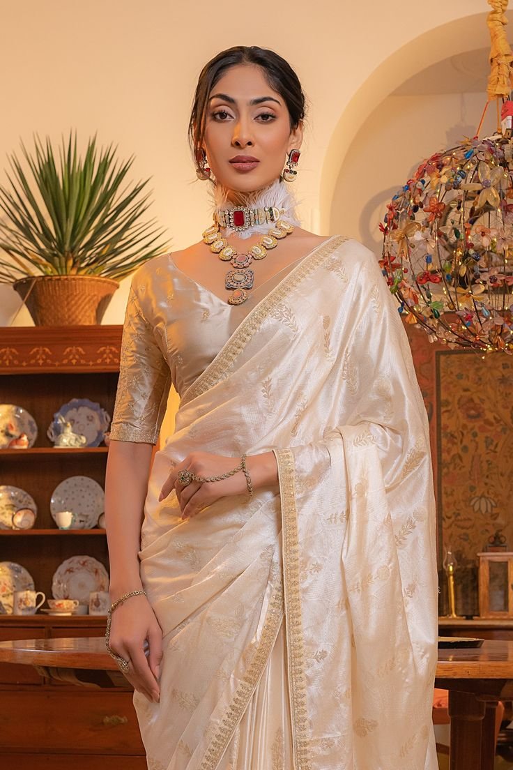 Engaging Off White Color Silk Fabric Saree With Embroidered Work - White _ Silk _ Embroidery