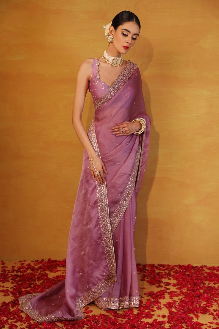 Esha Koul Embroidered Saree With Blouse _ Purple, Organza, V-neck, Sleeveless