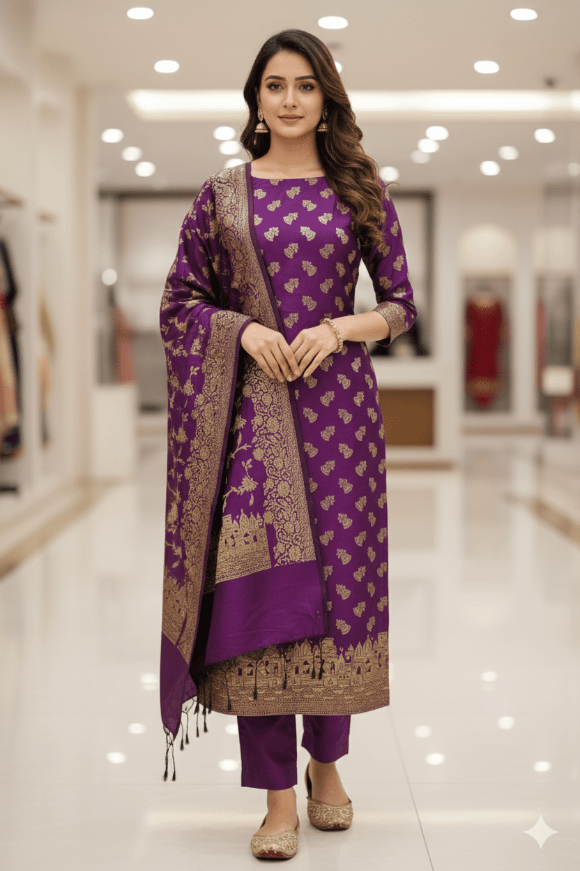 Pure Banarasi Ghat Silk Salwar Suit with Dupatta – Traditional Wedding Wear - Image 3